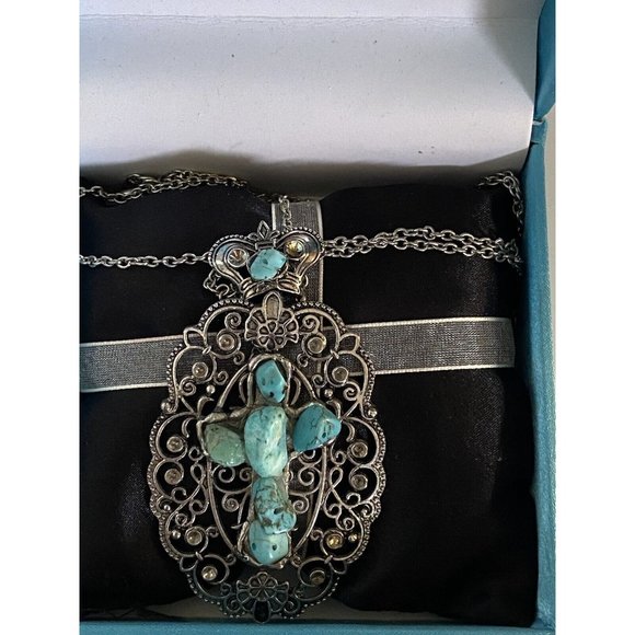 Silvertone Large Oval Cross Shaped Faux Turquoise Stone 16” Necklace Pendant Box - Picture 10 of 16